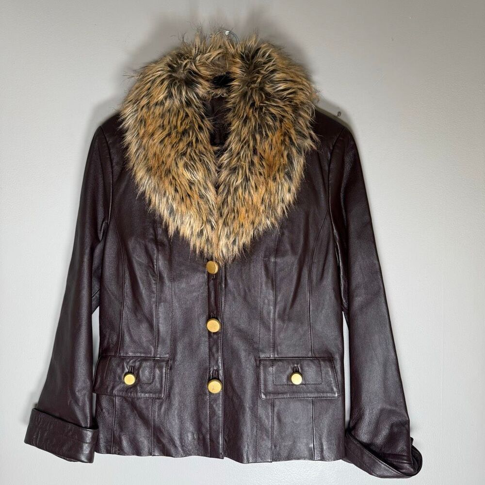 Vintage Jerry Lewis Brown Leather Jacket w/ Fur Collar – Luxe 90s Mob Wife Jacke